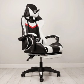 JAKS PREMIUM SCAUN GAMING REGLABIL ECO - PIELE NEGRU-ALB + PERNĂ DE MASAJ