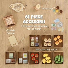 AIYAPLAY Magazin de jucărie din lemn pentru copii, tarabă cu alimente, tablă, 61 accesorii, 3-8 ani, culoare lemn | Aosom Romania