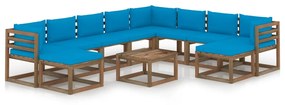 Set mobilier de gradina, 11 piese, cu perne albastru deschis Albastru deschis, 3x colt + 5x mijloc + 2x suport pentru picioare + masa, 1