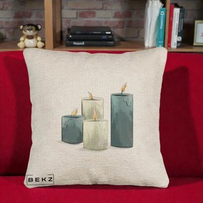 Perna Decorativa Lumanari Hygge Alb-Verde, 40x40 cm, Bej Canapea, Husa Detasabila, Perna Inclusa, BEKZ®