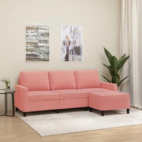 Canapea cu 3 locuri si taburet, roz, 180 cm, catifea Roz, 198 x 77 x 80 cm
