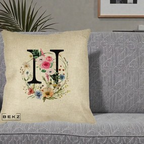Cadou Personalizat - Perna Personalizata Monogram Litera N cu Flori Acuarela, 40x40 cm, Crem, Husa Detasabila, Perna Inclusa, BEKZ®