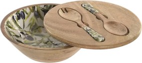 Set 3 boluri salată Mediterranean verde cu accente naturale din lemn de mango cu structură din rășină – "Olivia"