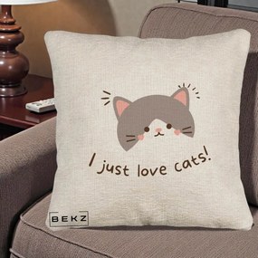 Perna Personalizata I Just Love Cats Pisica Kawaii, 40x40 cm, Bej Canapea, Husa Detasabila, Perna Inclusa, BEKZ®