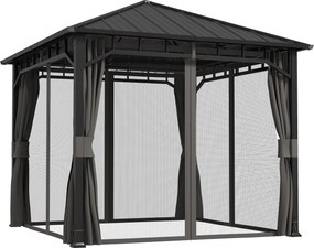 Outsunny Pavilion 3 x 3 m impermeabil stabil rezistent la iarnă pavilion de grădină cu părți laterale, plase, cârlige, acoperiș rigid Gri închis | Aosom Romania