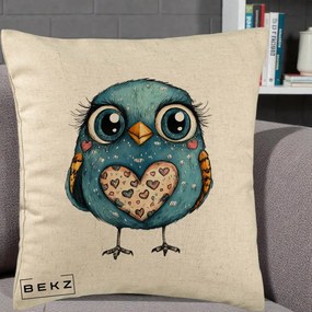 Perna Decorativa Bufnita Albastra cu Inimioare, 40x40 cm, Bej, Husa Detasabila, Perna Inclusa, BEKZ®