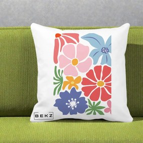 Perna Decorativa Flori Grafice Roz-Rosu-Albastru, 40x40 cm, Alba Mata, Husa Detasabila, Perna Inclusa, BEKZ®