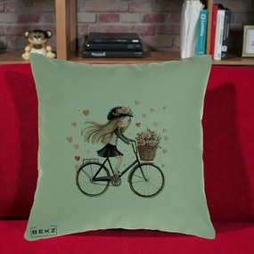 Perna Decorativa Fetita Kawaii pe Bicicleta cu Trandafiri si Inimioare, 40x40 cm, Verde, Husa Detasabila, Perna Inclusa, BEKZ®