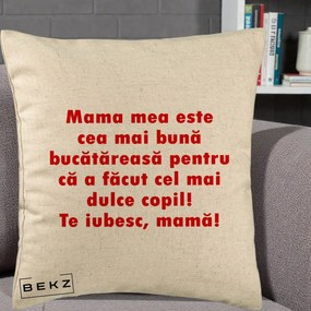 Cadou pentru Mama - Perna Personalizata Mama cea Mai Buna Bucatareasa, 40x40 cm, Bej, Husa Detasabila, Perna Inclusa, BEKZ®