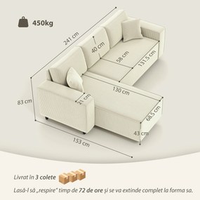 Canapea HOMCOM catifea crem, 3 locuri | Aosom Romania