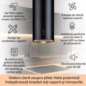 Klarstein Bolea, hota tip insulă, Ø38cm, mod de recirculare/extracție a aerului, 651m³/h, LED, inclusiv filtre de cărbune activ