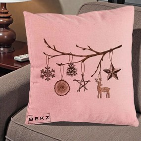 Perna Decorativa Ornamente de Lemn pe Ramura, 40x40 cm, Roz, Husa Detasabila, Perna Inclusa, BEKZ®