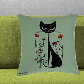 Perna Decorativa Pisica Neagra Grafica Flori Rosii, 40x40 cm, Verde, Husa Detasabila, Perna Inclusa, BEKZ®