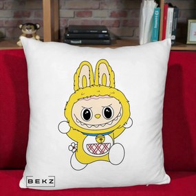 Perna Personalizata Labubu Galben Doraemon, 40x40 cm, Alb Pufos, Husa Detasabila, Perna Inclusa, BEKZ®