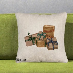 Perna Decorativa Cadouri de Craciun Kraft, 40x40 cm, Bej Canapea, Husa Detasabila, Perna Inclusa, BEKZ®