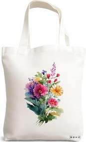 Sacosa de Panza pentru Cumparaturi, Geanta Tote, model The Bouquet, 38x34.5 cm, Alba, BEKZ®