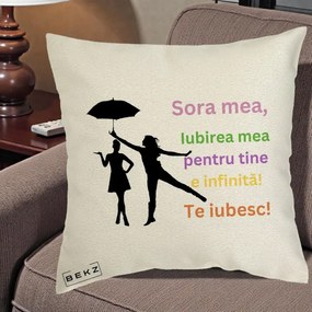 Cadou pentru Sora - Perna Personalizata Sora Mea Te Iubesc Siluete Colorate Umbrela, 40x40 cm, Ecru, Husa Detasabila, Perna Inclusa, BEKZ®