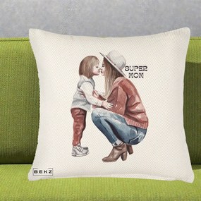 Cadou pentru Mama - Perna Personalizata Super Mom Acuarela, 40x40 cm, Crem Reliefat, Husa Detasabila, Perna Inclusa, BEKZ®