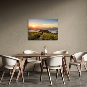 Tablou pe sticlă cu munți în apus de soare (70x50 cm)
