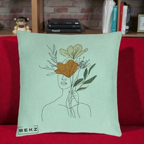 Perna Decorativa Portret Feminin Coroana Florala, 40x40 cm, Verde Menta, Husa Detasabila, Perna Inclusa, BEKZ®