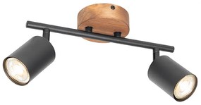 Spotlight industrial negru cu lemn inclinabil 2 lumini - Jeana