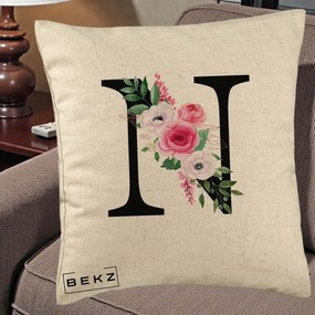 Cadou Personalizat - Perna Personalizata Monograma Florala Litera N, 40x40 cm, Bej, Husa Detasabila, Perna Inclusa, BEKZ®