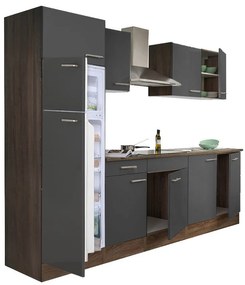Mobilă de bucătărie Yorki 270, corp din stejar Yorki, față antracit satinat, frigider cu congelator superior