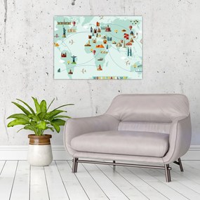 Tablou pe sticlă - Harta cu pictograme, amintire (70x50 cm)