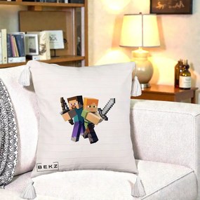 Perna Personalizata Minecraft Steve si Alex, 40x40 cm, Bej cu Franjuri, Husa Detasabila, Perna Inclusa, BEKZ®