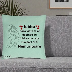 Cadou pentru Iubita - Perna Personalizata Iubita Nemuritoare cu Cuplu Line-Art si Inimi Rosii, 40x40 cm, Verde Menta, Husa Detasabila, Perna Inclusa, BEKZ®
