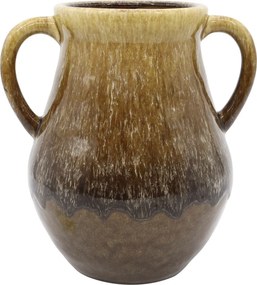 Vază decorativă din ceramică artizanală glazurată verde olive, lucrată manual, cu mâner lateral, 30x23 cm, „Camille"