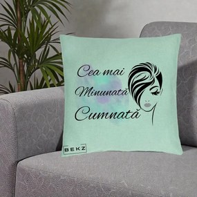 Cadou pentru Cumnata - Perna Personalizata Cea mai Minunata Cumnata cu Silueta Dama si Pete Multicolor, 40x40 cm, Verde Menta, Husa Detasabila, Perna Inclusa, BEKZ®