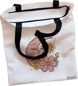 Sacosa de Panza pentru Cumparaturi, Geanta Tote, Sunny Moon, Cu fermoar, 38x34.5 cm, Alba, BEKZ®