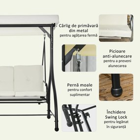 Outusunny Leagăn cu 3 Locuri de Grădină, Balansoar pentru Exterior cu Acoperiș Reglabil, din Oțel și Poliester, 195x117x175 cm, Crem | Aosom Romania