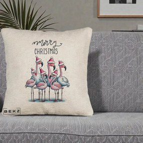 Perna Decorativa Flamingo Merry Christmas, 40x40 cm, Bej Canapea, Husa Detasabila, Perna Inclusa, BEKZ®