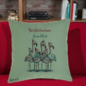 Perna Decorativa Flamingo Craciun Sarbatoarea Familiei, 40x40 cm, Verde, Husa Detasabila, Perna Inclusa, BEKZ®