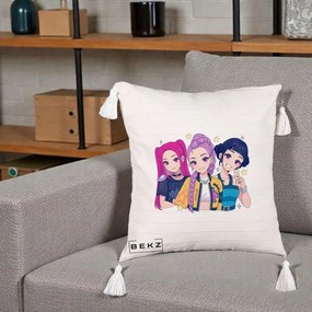 Perna Personalizata K-pop HUNTRX Trio Anime Stele, 40x40 cm, Bej cu Franjuri, Husa Detasabila, Perna Inclusa, BEKZ®