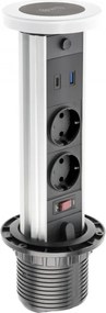 Priză încorporabilă în blat Camino GTV, încărcător wireless 10W, 2 prize Schuko, USB A + C, alb, D:80 mm Aluminiu/ plastic, Alb, D:80 mm