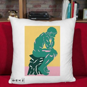 Perna Decorativa Ganditorul Sculptura Pop Art, 40x40 cm, Alb Pufos, Husa Detasabila, Perna Inclusa, BEKZ®