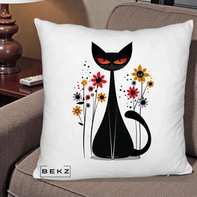 Perna Decorativa Pisica Neagra Ochi Rosii Flori, 40x40 cm, Alb Pufos, Husa Detasabila, Perna Inclusa, BEKZ®