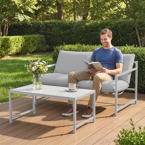 Outsunny Set mobilier de grădină exterior 2 piese, canapea cu perne, masă de cafea cu blat din sticlă securizată marmorat 3D, 125x80x64cm, gri deschis | Aosom Romania