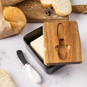 Cutie ceramica si cutit pentru unt Klausberg KB 7784, Capac lemn de salcam, Negru/maro