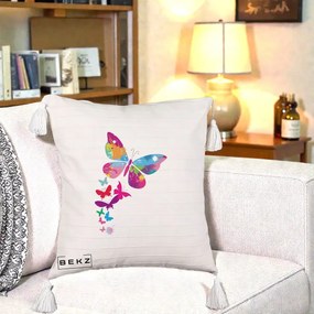 Perna Decorativa Fluturi Splash, 40x40 cm, Bej cu Franjuri, Husa Detasabila, Perna Inclusa, BEKZ®