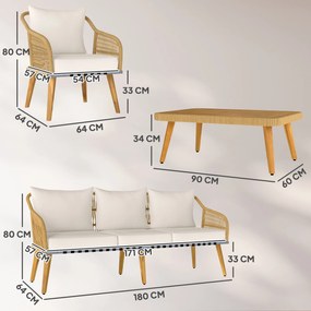 Outsunny Set de Mobilier de Grădină din 4 Piese cu Canapea, 2 Fotolii, Măsuță și Perne, 180x64x80 cm, Kaki | Aosom Romania