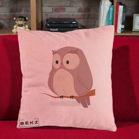 Perna Decorativa Bufnita Kawaii pe Creanga, 40x40 cm, Roz, Husa Detasabila, Perna Inclusa, BEKZ®