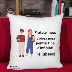 Cadou pentru Frate - Perna Personalizata Fratele Meu Te Iubesc Elevi Ilustratie Colorata, 40x40 cm, Alb Pufos, Husa Detasabila, Perna Inclusa, BEKZ®