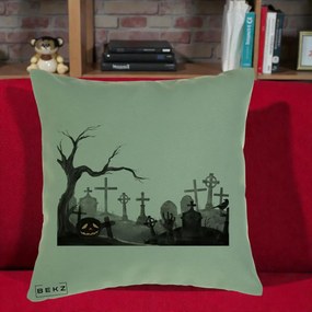 Perna Decorativa Halloween Cimitir Acuarela cu Dovleac, 40x40 cm, Verde, Husa Detasabila, Perna Inclusa, BEKZ®