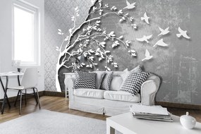 Fototapet - Copac argintiu cu păsărele (254x184 cm), în 8 de alte dimensiuni noi