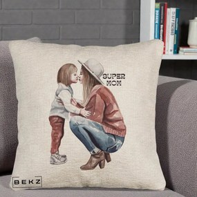 Cadou pentru Mama - Perna Personalizata Super Mom Acuarela, 40x40 cm, Bej Canapea, Husa Detasabila, Perna Inclusa, BEKZ®