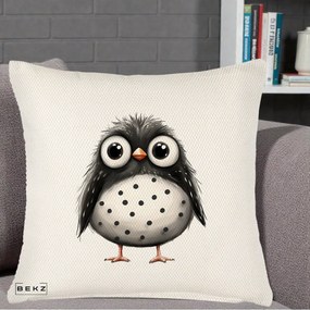 Perna Decorativa Bufnita Neagra cu Buline Albe, 40x40 cm, Crem Reliefat, Husa Detasabila, Perna Inclusa, BEKZ®